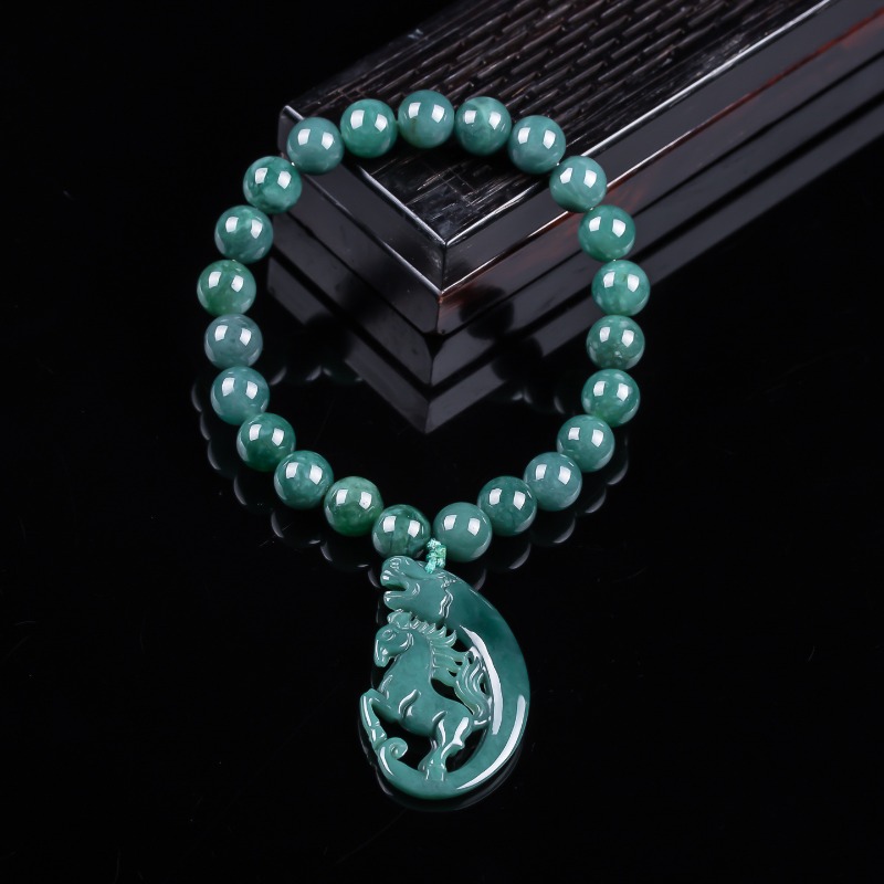Bracelets - Natural Jadeite Blue Water Zodiac Horse